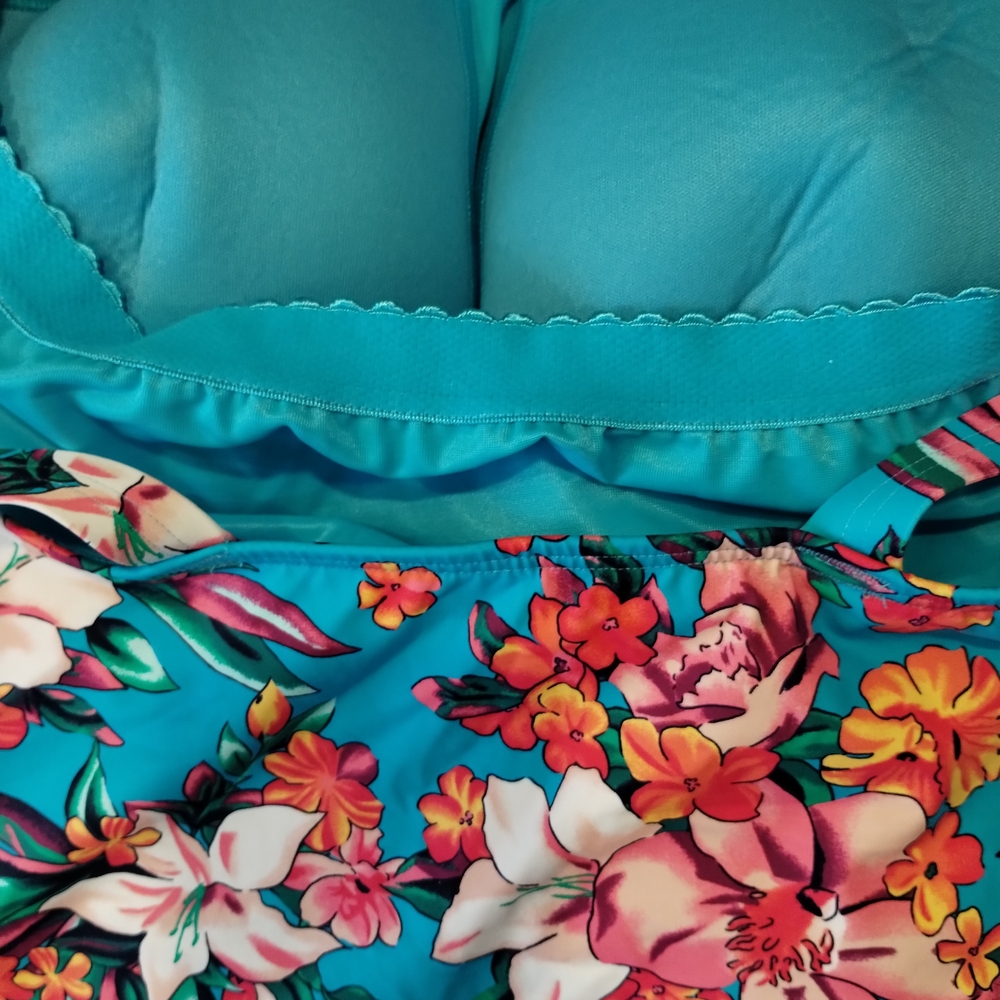 Lands' End Mastectomy Tankini Swim Top Size 14 Turquoise Lily Palm NWT - Picture 8 of 13